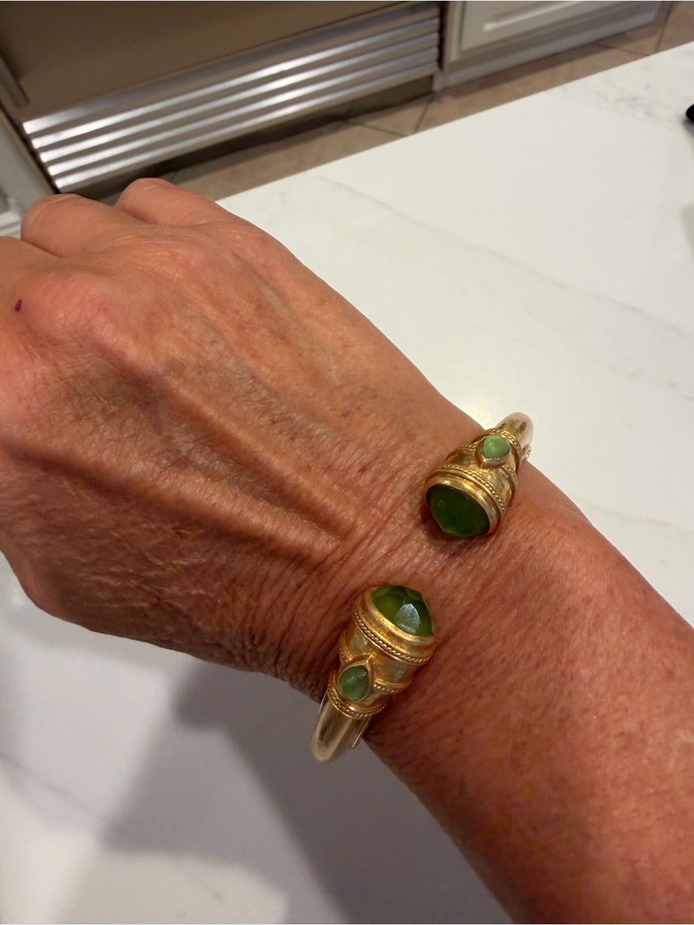 Julie Vos Cuff Hinged Bangle Bracelet with Green Stones 24 Kt Gold Plated NEW